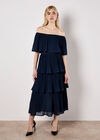 Plisse Tiered Bardot Midi Dress, Navy, large