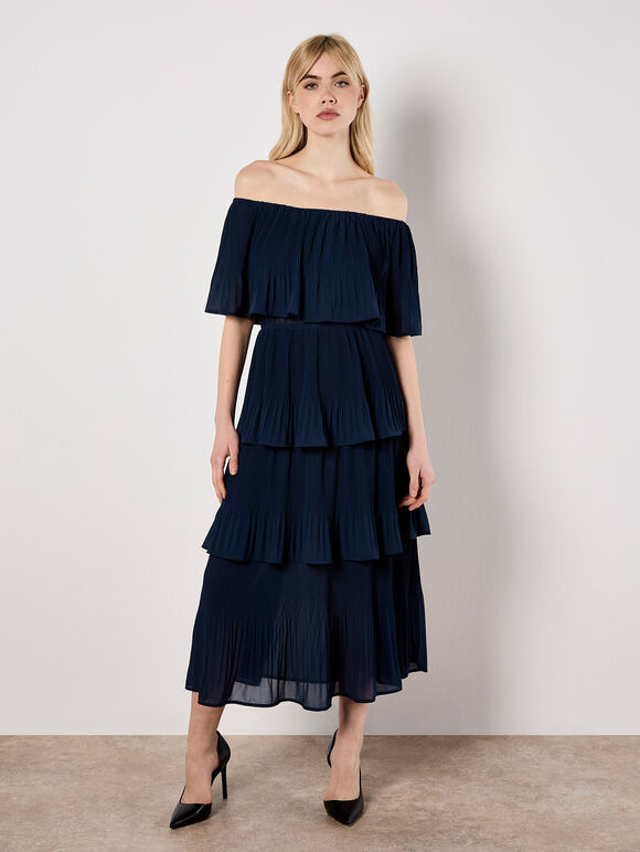 Plisse Tiered Bardot Midi Dress, Navy, large