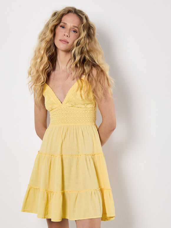 Bow Back Crochet Cami Mini Dress, Yellow, large