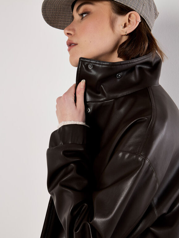 Faux Leather Bomber Jacket, Brown, large