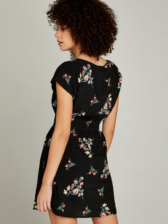 Black Floral Bunches Shirred Waist Dress, Black, large
