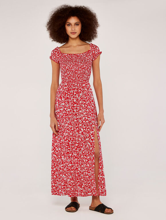 Floral Shirred Maxi Dress, Red, large