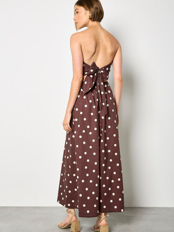 Polka Dot Bow Back Wide-Leg Jumpsuit, Brown, large
