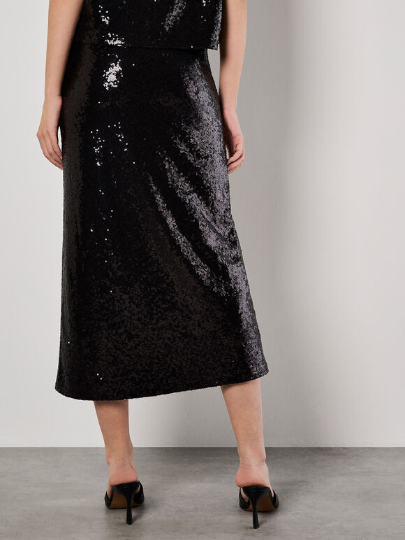 Sequin Bias Cut Midaxi Skirt, Black, large