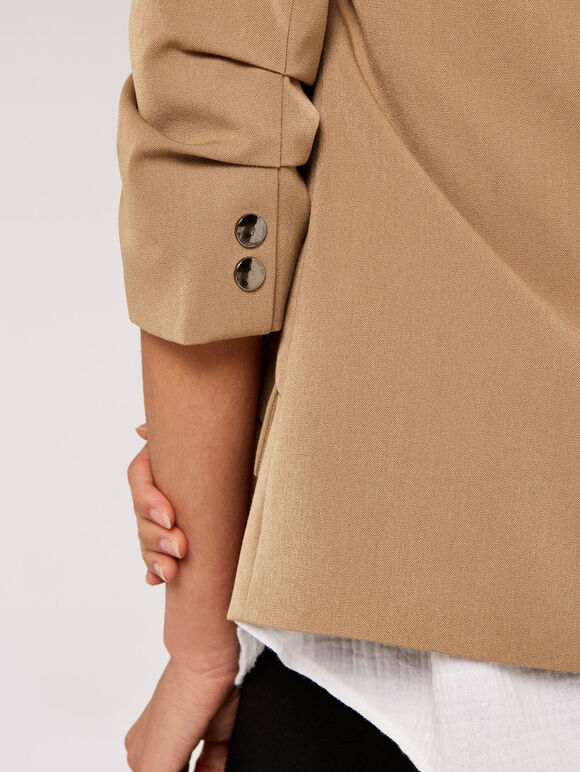 Open Rushed Sleeve Blazer, Stone, large