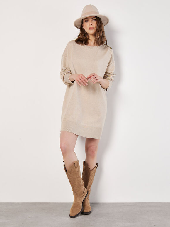 Button Detail Jumper Mini Dress, Stone, large