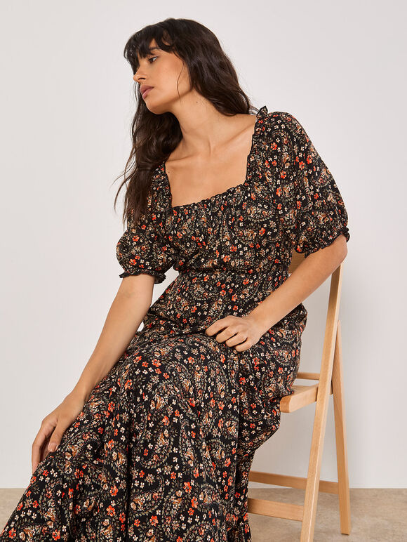 Floral Paisley Milkmaid Maxi Dress, Black, large