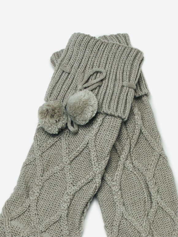 Pom Pom Knit Knee High Socks, Grey, large