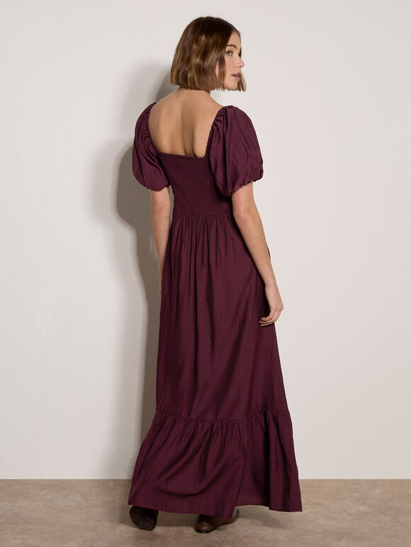 Smocked Shimmer Maxi Dress, Burgundy, large