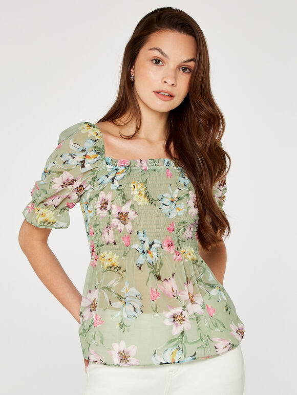 Floral Smock Bust Top, Mint, large