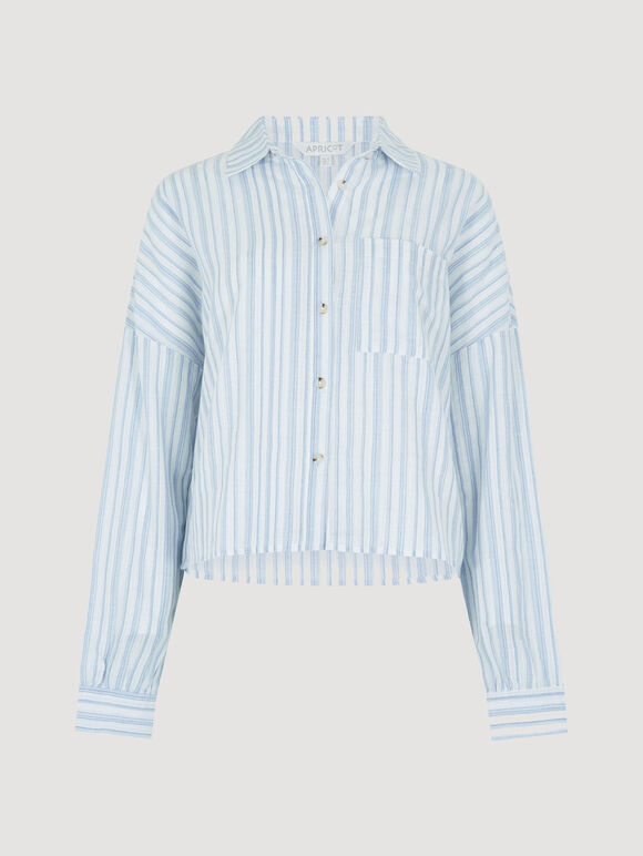 Cotton Stripe Cropped Ruffle Shirt, White, large