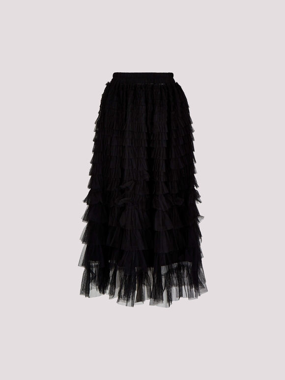Tulle Layered Midi Skirt, Black, large