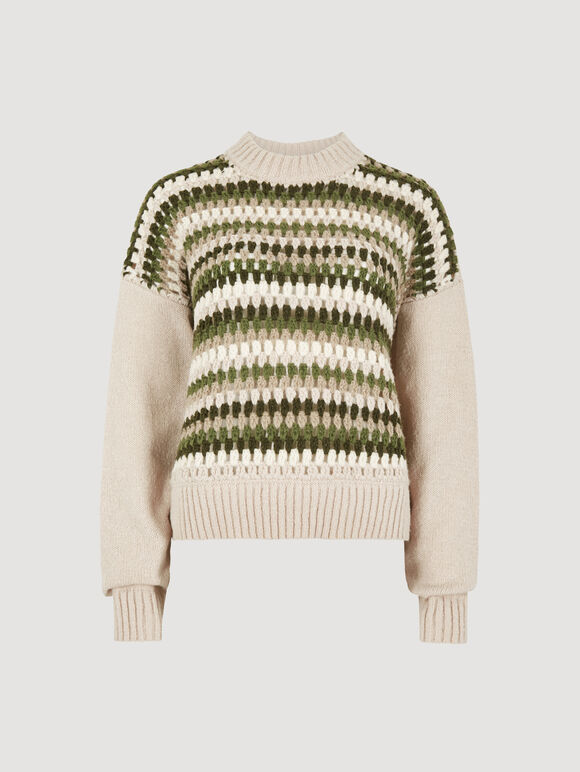 Crochet Stripes Panel Jumper, Stone, large
