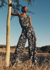 Tropical Print Wrap Leg Trousers, Black, large