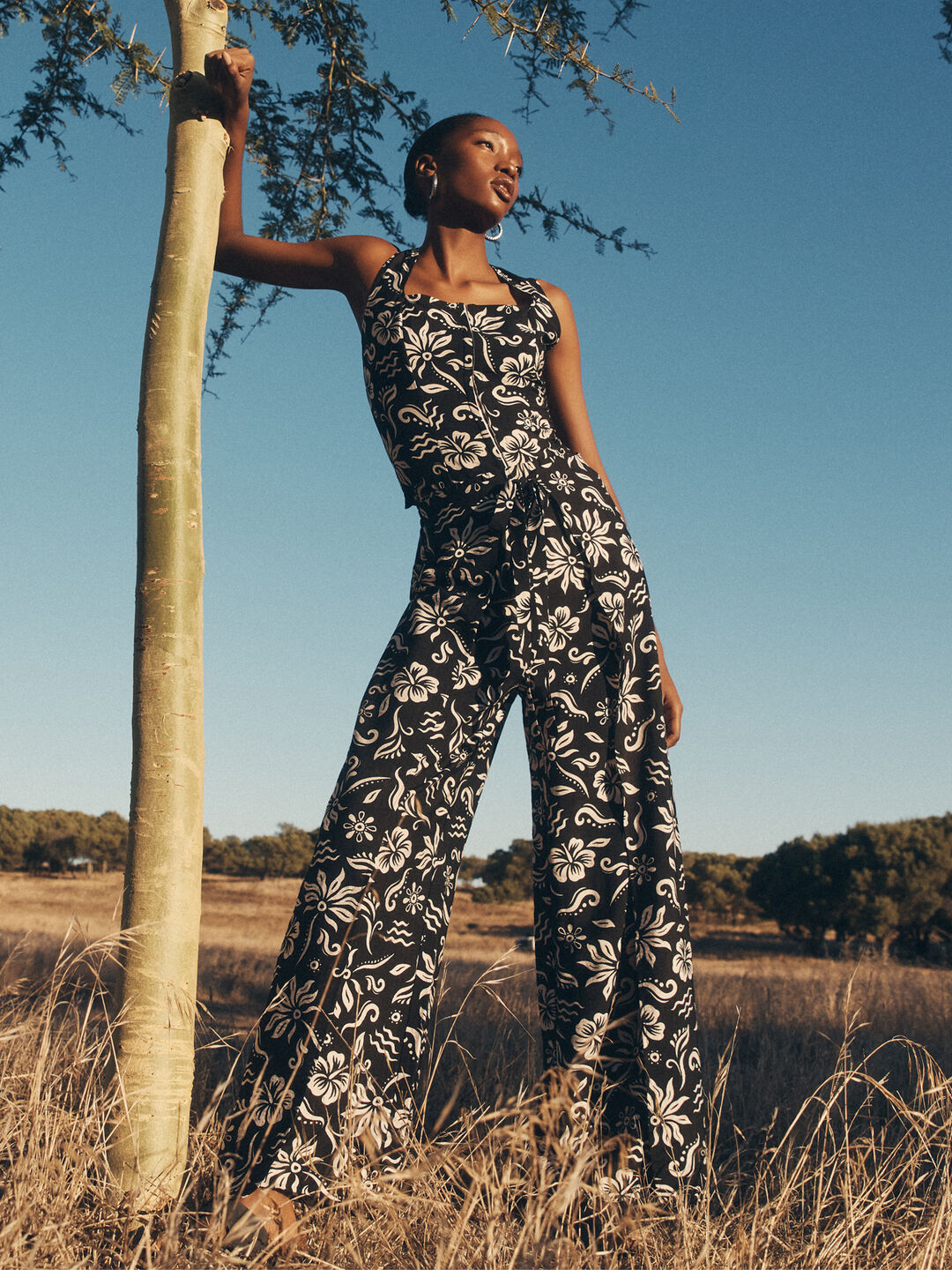 Image of Tropical Print Wrap Leg Trousers