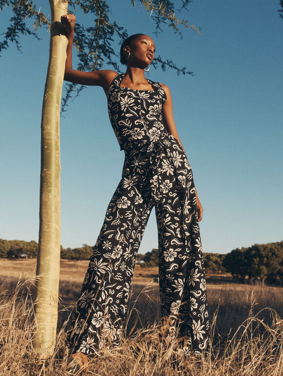 Tropical Print Wrap Leg Trousers, Black, large