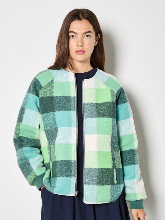 Reversible Check Fleece Quilted Jacket, Green, large
