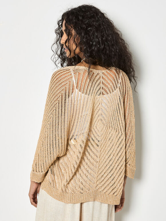 Gold Shimmer Open Knit Cardigan, Mustard, large