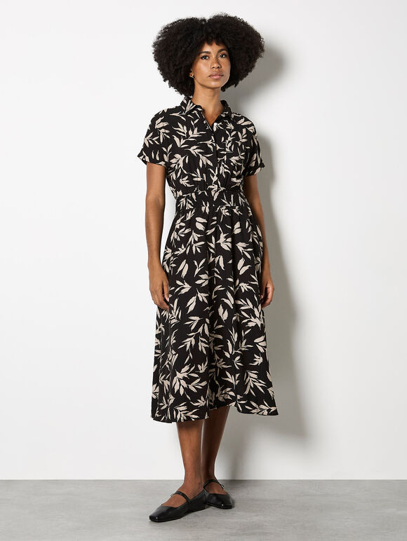 Textured Leaf Shirt Midi Dress, Black, large