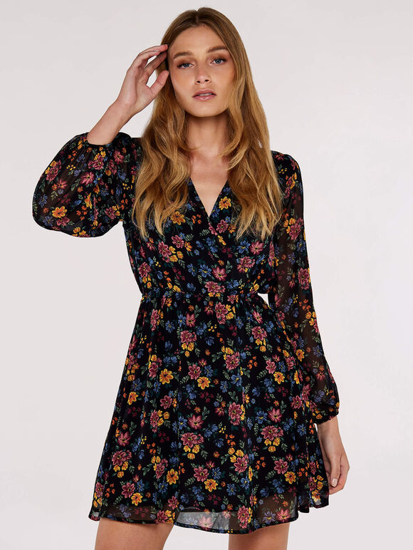 Brushed Floral Wrap Dress, Black, large