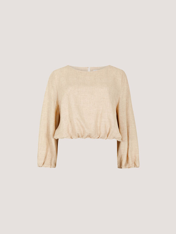 Linen Blend Bubble Hem Crop Top, Stone, large
