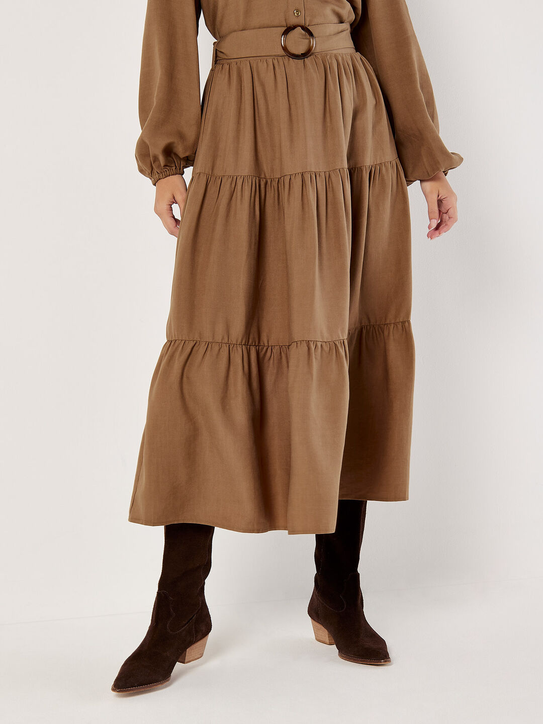 Image of Belted Tiered Maxi Skirt