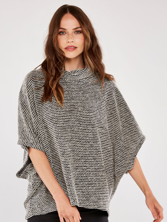 Roll Neck Boucle Cape Top, Black, large