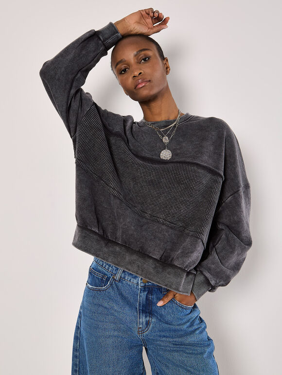 Waffle Panel Washed Cotton Sweatshirt, Grey, large