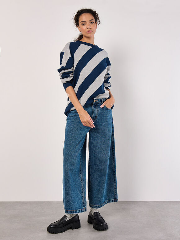 Diagonal Stripe Knitted Jumper, Navy, large
