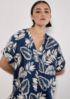 Tropical Leaf Print Satin T-Shirt, Navy, large