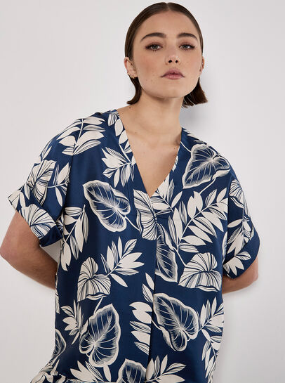 Tropical Leaf Print Satin T-Shirt