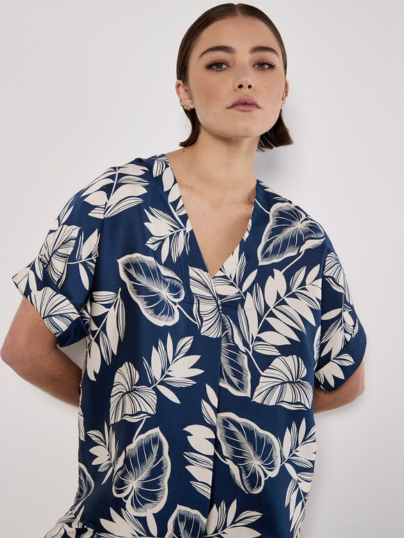 Tropical Leaf Print Satin T-Shirt, Navy, large