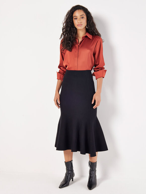 Flute Hem Knitted Midi Skirt, Black, large