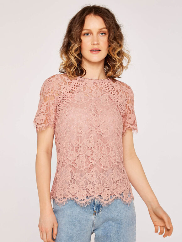  Lace Scallop Edge Top, Pink, large