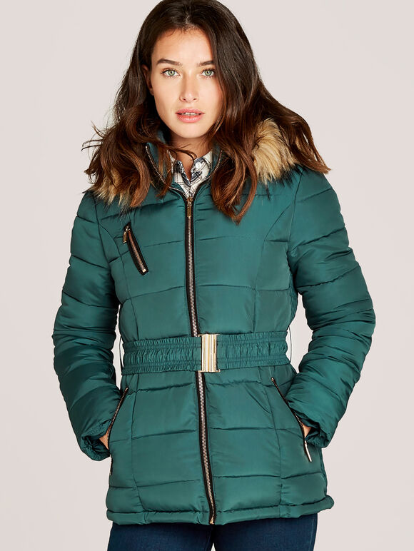 Removable Faux Fur Hood Puffer Jacket, Green, large