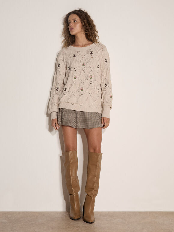 Pointelle Knit Floral Embroidered Jumper, Stone, large