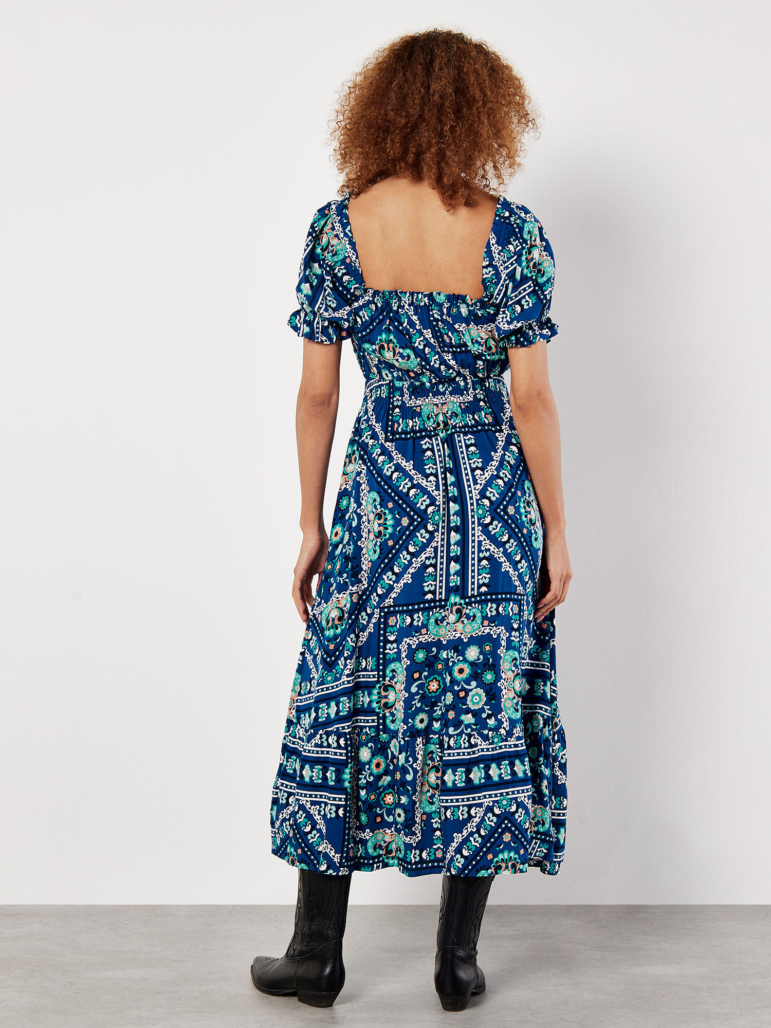 Scarf Print Milkmaid Midi Dress Apricot Clothing