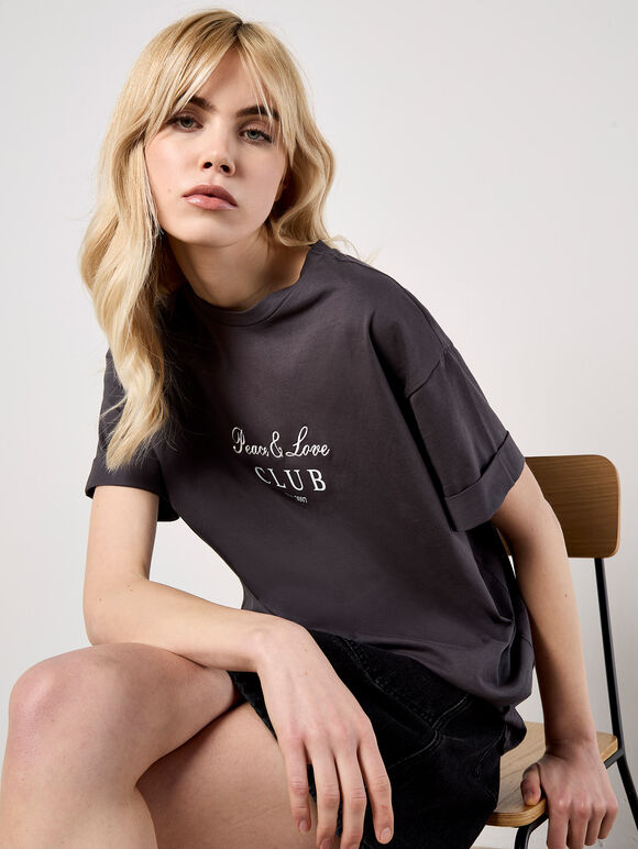 Peace And Love Club T-Shirt, Dark Grey - Charcoal, large