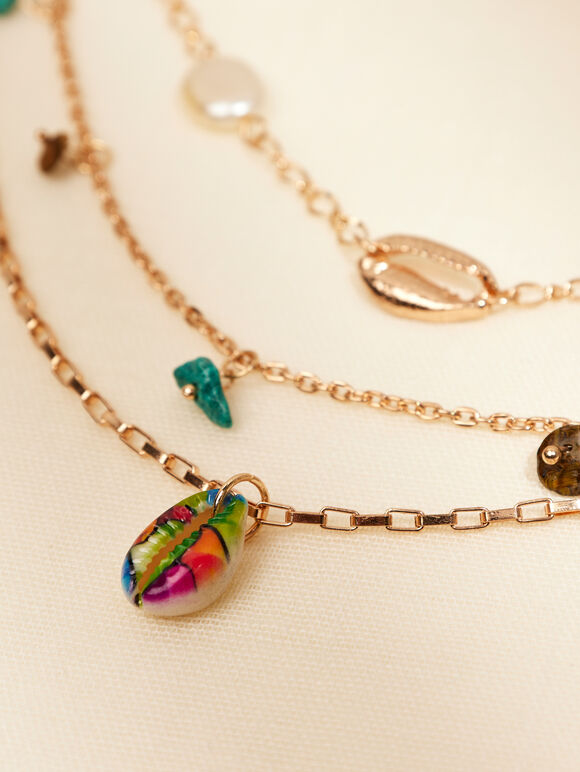 Gold Tone Layered Stone & Shell Necklace, Assorted, large
