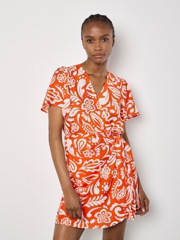 Floral Paisley Wrap Mini Dress, Orange, large