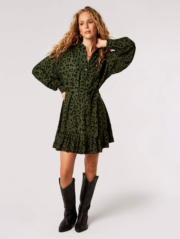Leopard Print Shirt Mini Dress, Green, large