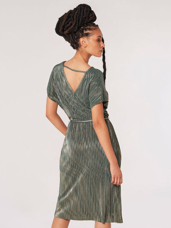 Plisse V Neck Dress, Green, large
