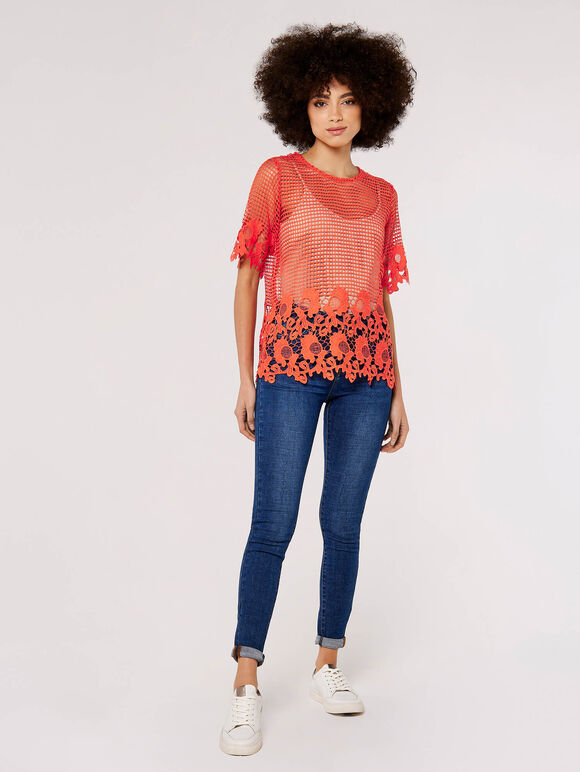 Square Mesh Guipure Top, Orange, large