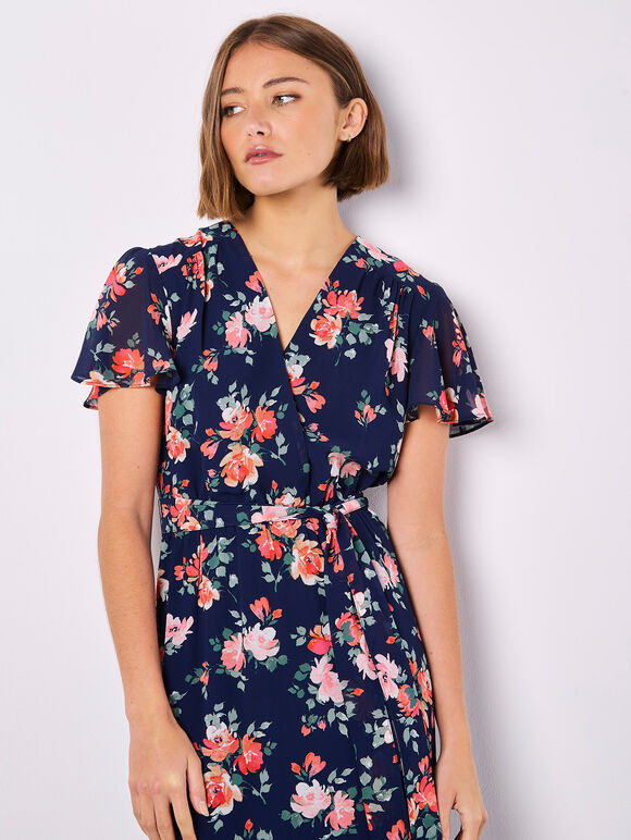 Painterly Roses Wrap Maxi Dress, Navy, large