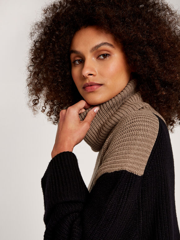 Turtleneck Knit Jumper, Brown, large