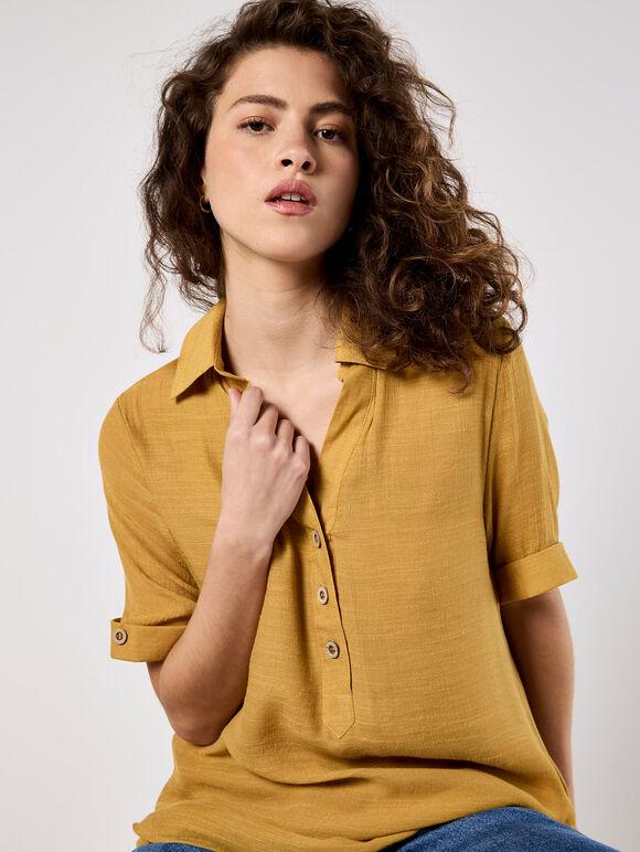 Slub Shimmer Relaxed Blouse, Mustard, large
