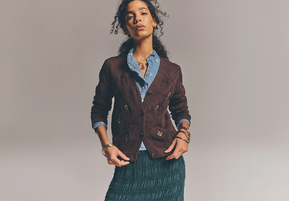 Studio shot of model wearing the Pointelle Diamond Floral Cotton-Blend Cardigan