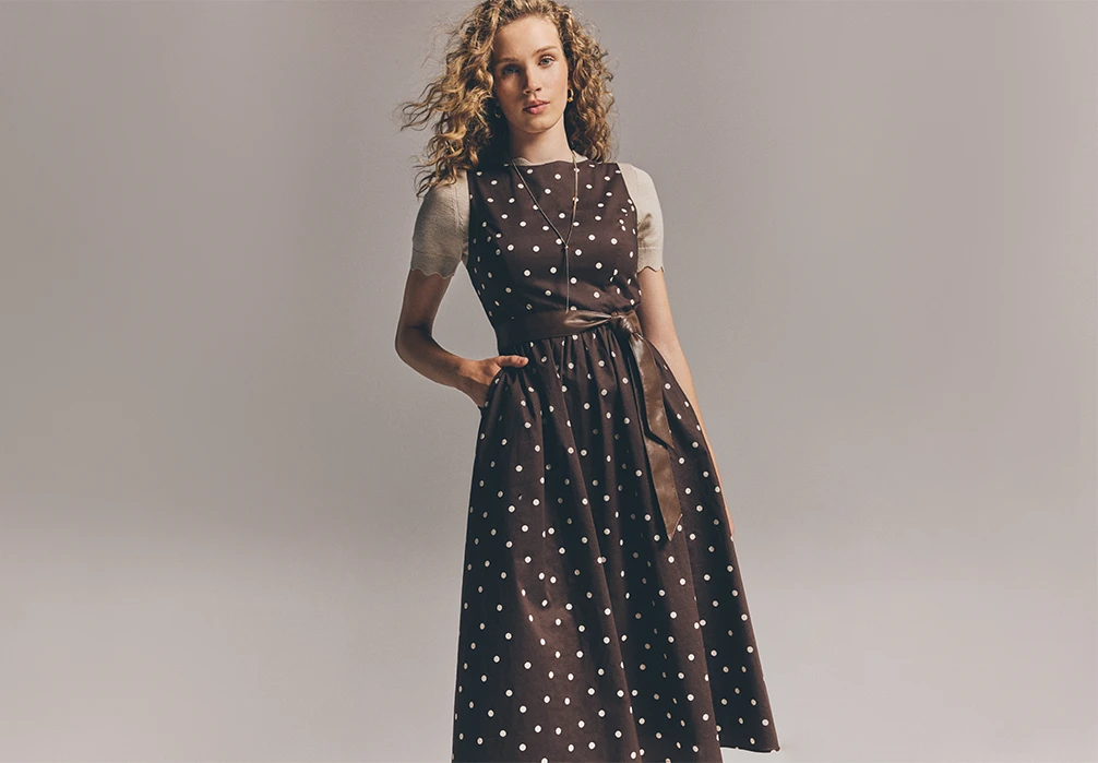 Model wearing Polka Dot A-Line Cotton Midi Dress