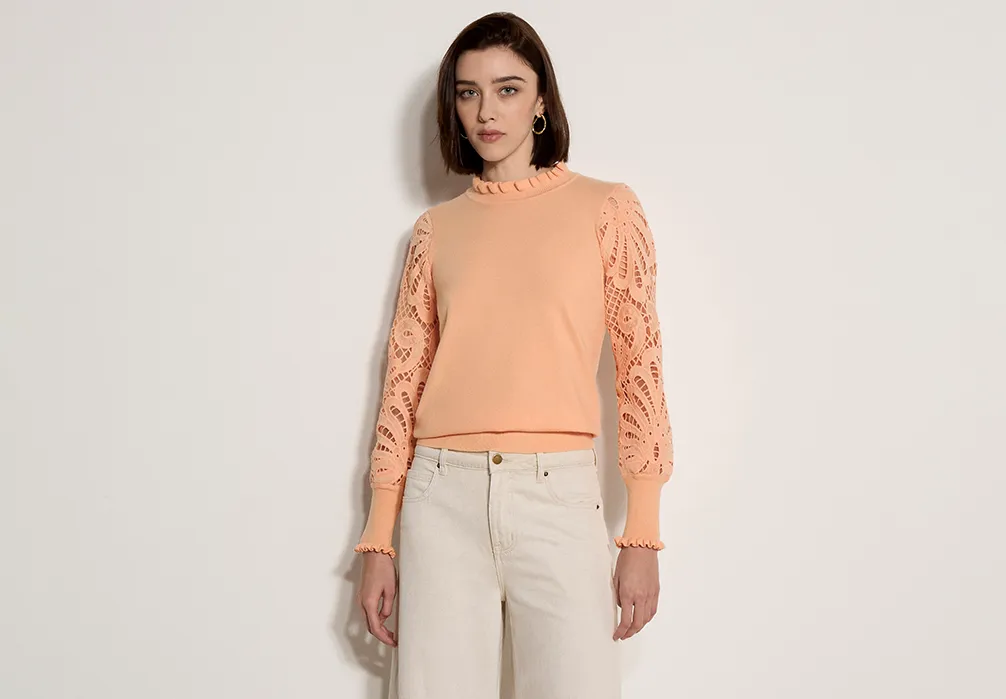 Studio shot of a model wearing the Peach Lace Mesh Jumper