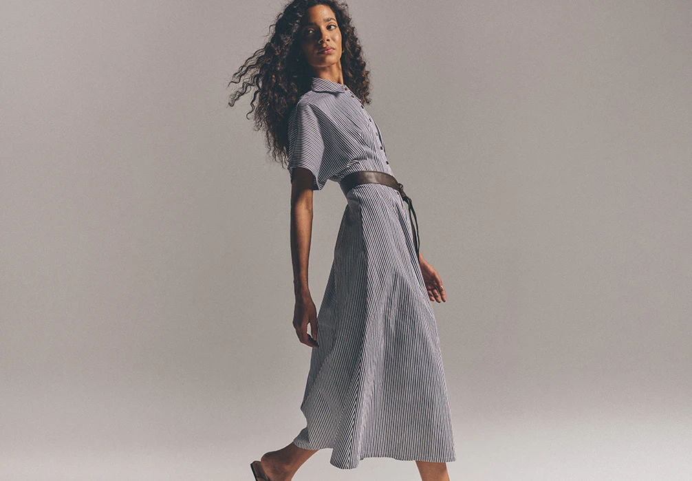 Model wearing Stripe Structured Shirt Midaxi Dress